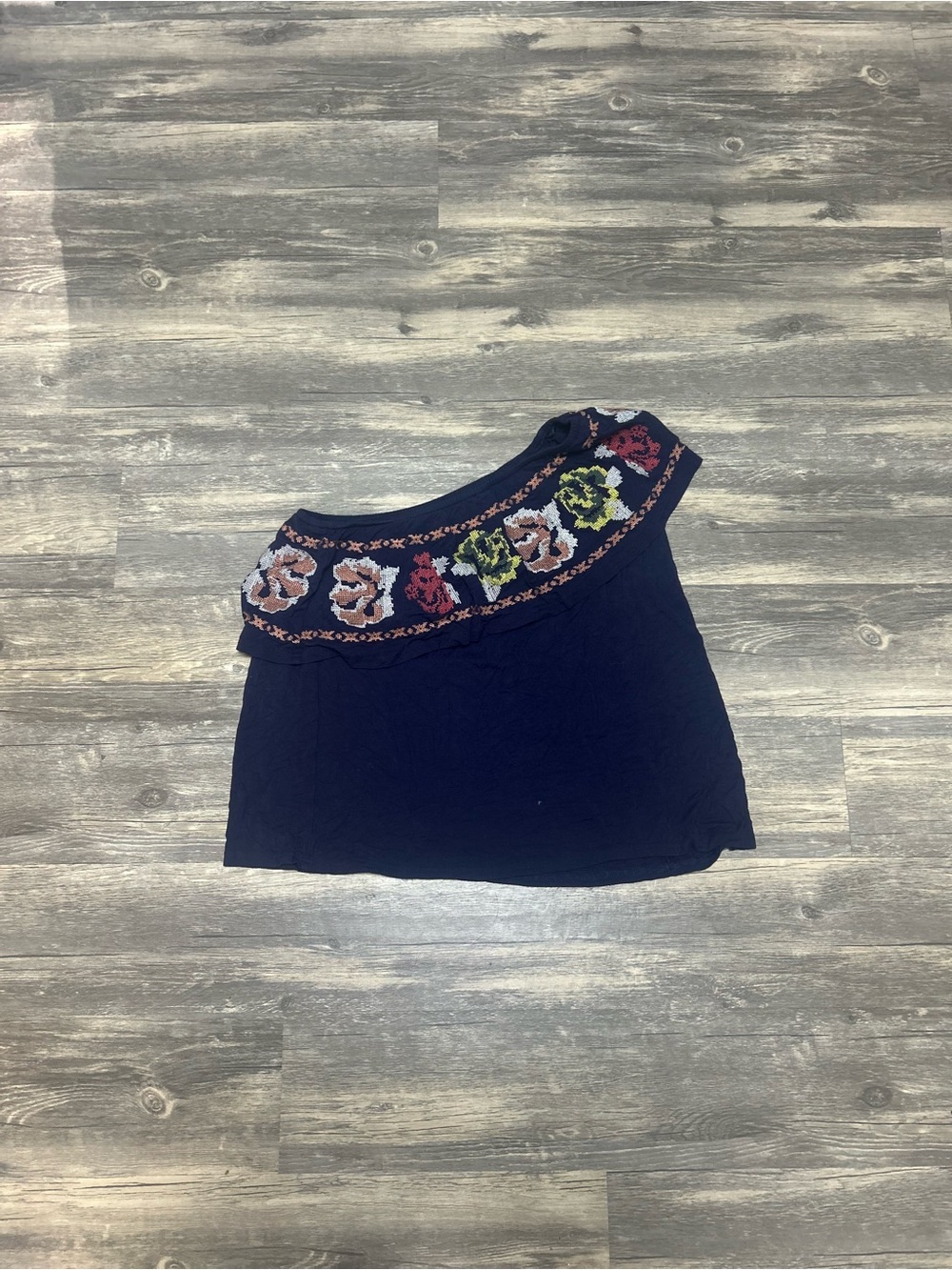 hazel Navy Embroidered Floral One-Shoulder Top